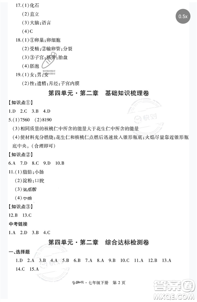 明天出版社2023初中同步練習(xí)冊(cè)自主測(cè)試卷七年級(jí)生物下冊(cè)人教版參考答案