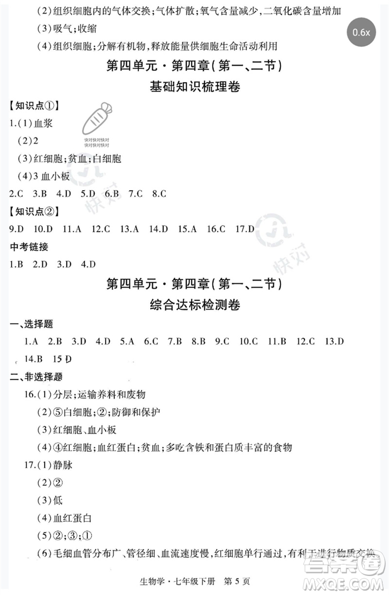 明天出版社2023初中同步練習(xí)冊(cè)自主測(cè)試卷七年級(jí)生物下冊(cè)人教版參考答案