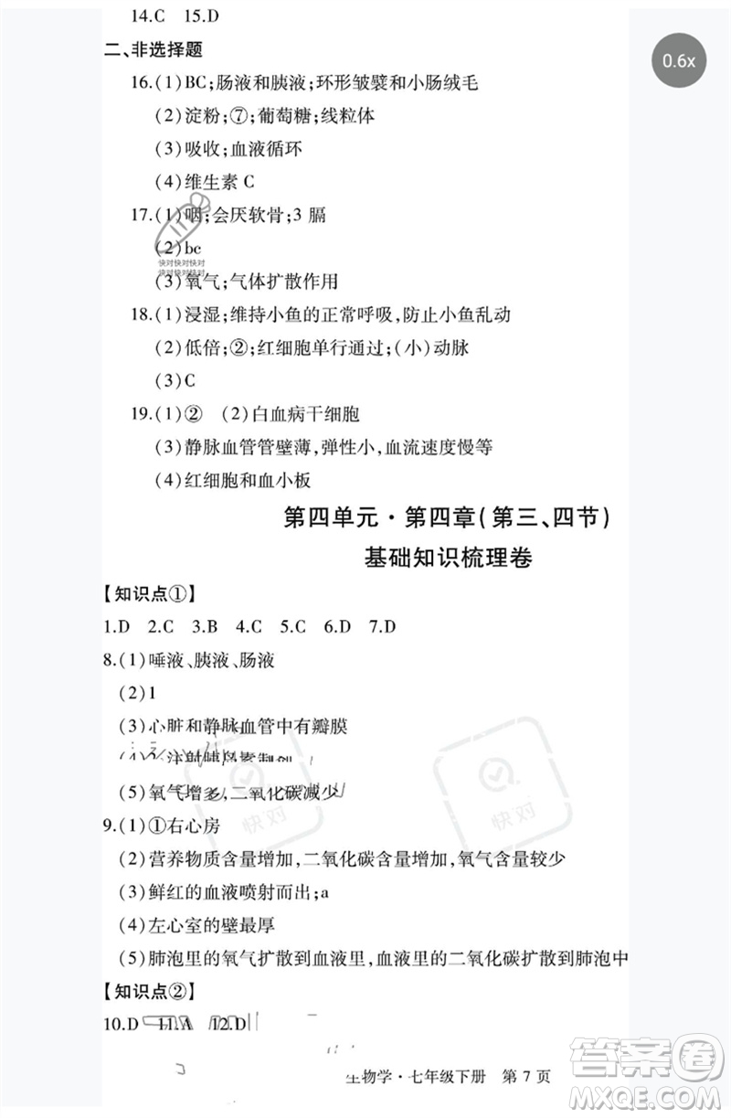 明天出版社2023初中同步練習(xí)冊(cè)自主測(cè)試卷七年級(jí)生物下冊(cè)人教版參考答案