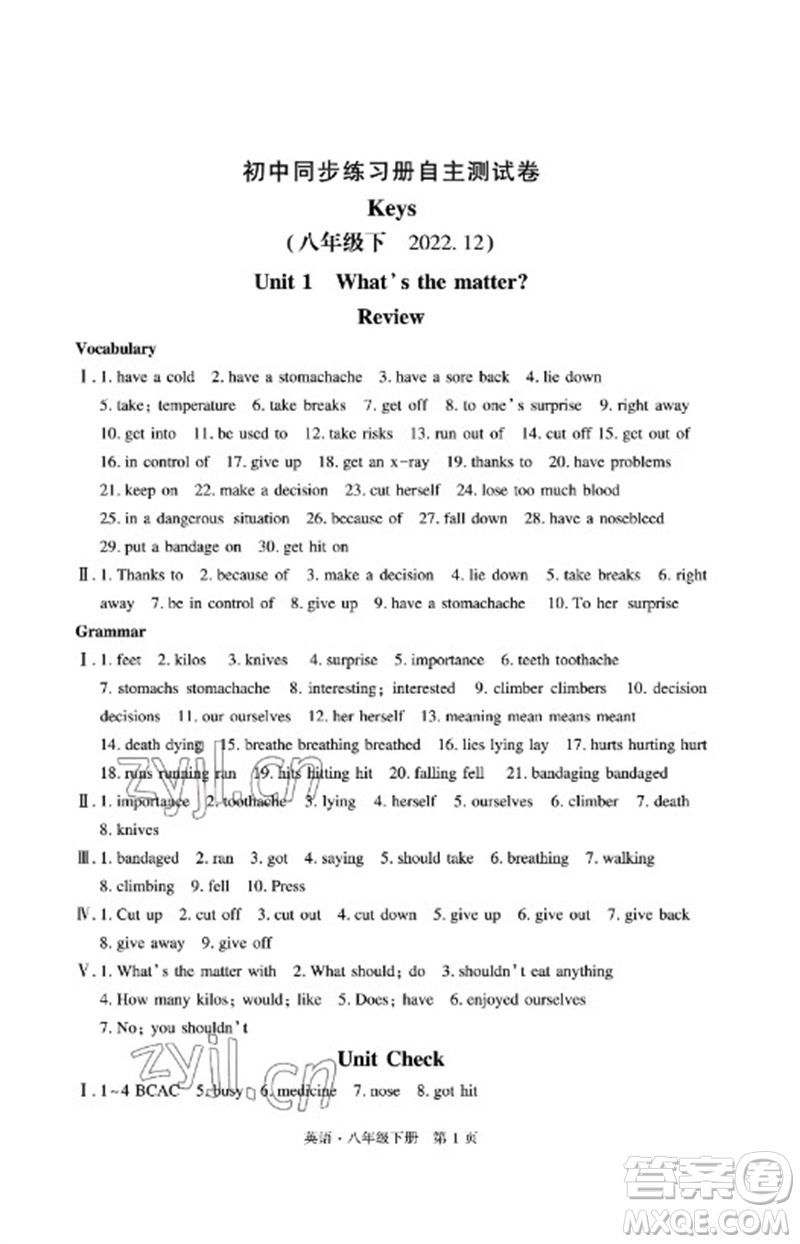 明天出版社2023初中同步練習(xí)冊(cè)自主測(cè)試卷八年級(jí)英語(yǔ)下冊(cè)人教版參考答案