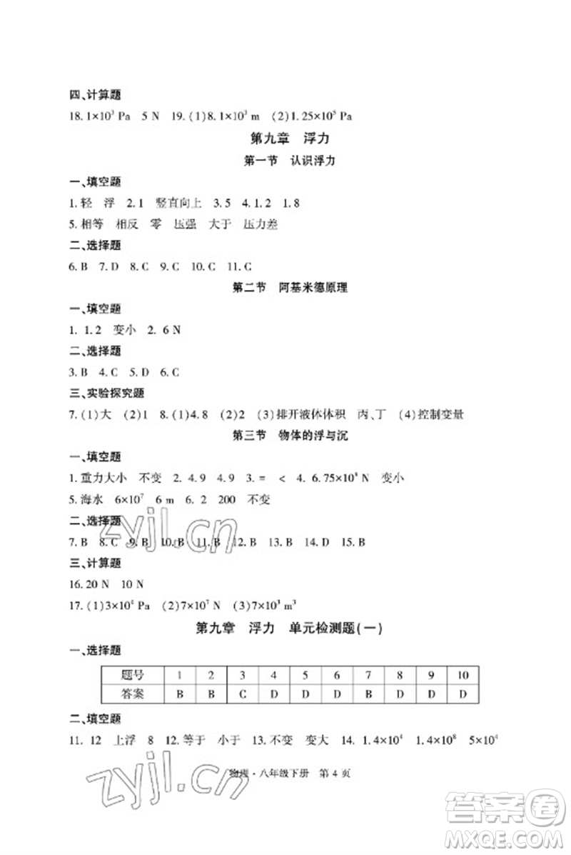 明天出版社2023初中同步練習(xí)冊(cè)自主測(cè)試卷八年級(jí)物理下冊(cè)滬科版參考答案