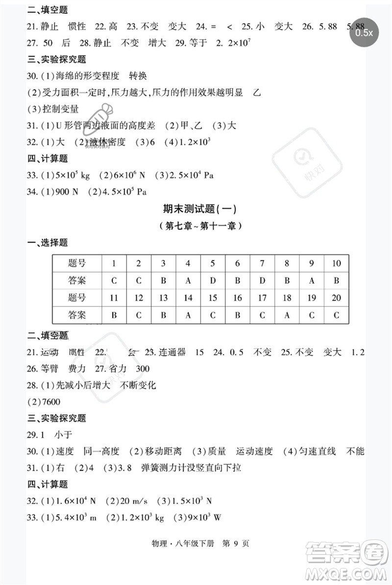 明天出版社2023初中同步練習(xí)冊(cè)自主測(cè)試卷八年級(jí)物理下冊(cè)滬科版參考答案