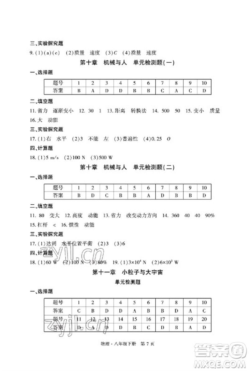 明天出版社2023初中同步練習(xí)冊(cè)自主測(cè)試卷八年級(jí)物理下冊(cè)滬科版參考答案