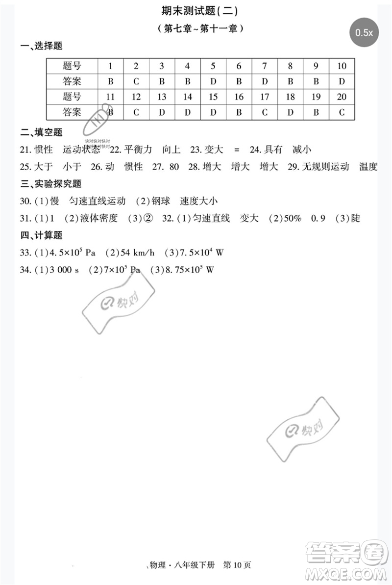 明天出版社2023初中同步練習(xí)冊(cè)自主測(cè)試卷八年級(jí)物理下冊(cè)滬科版參考答案