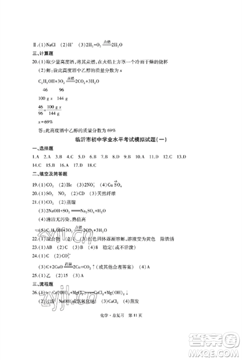 明天出版社2023初中同步練習冊自主測試卷九年級化學總復習人教版參考答案