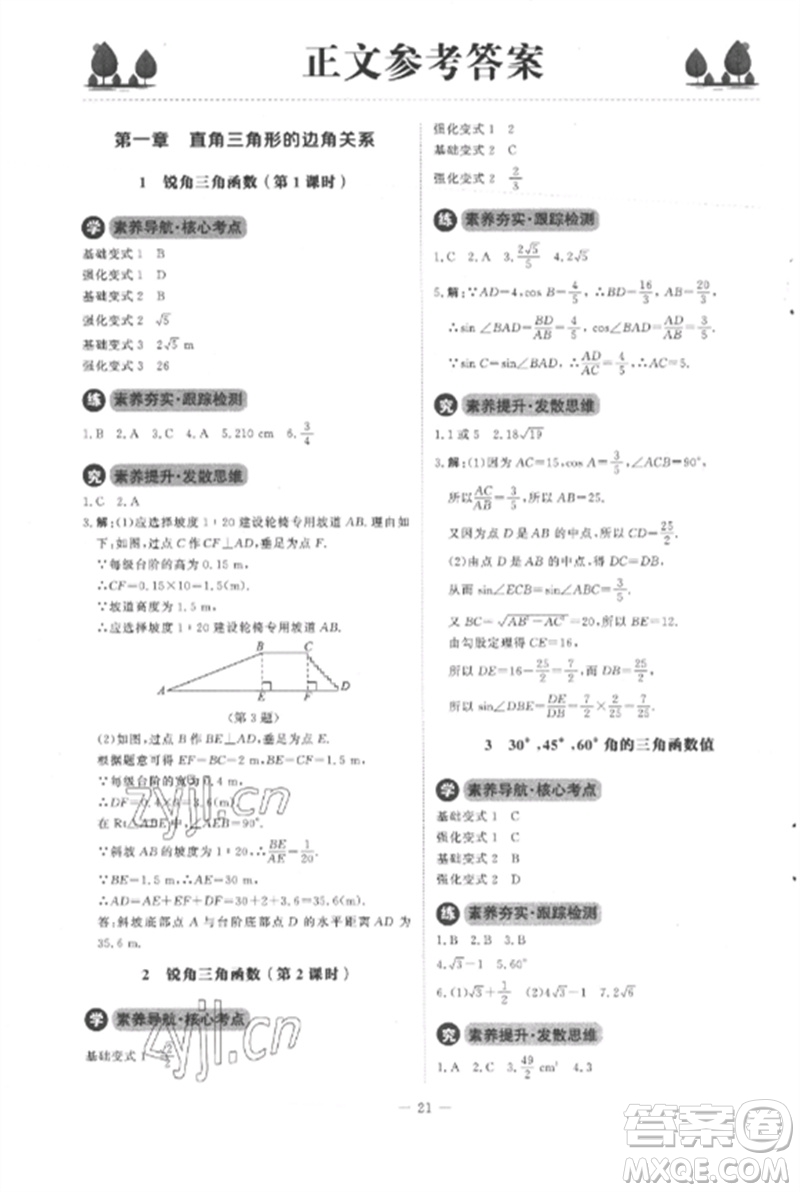 北京師范大學(xué)出版社2023初中同步練習(xí)冊九年級數(shù)學(xué)下冊北師大版參考答案