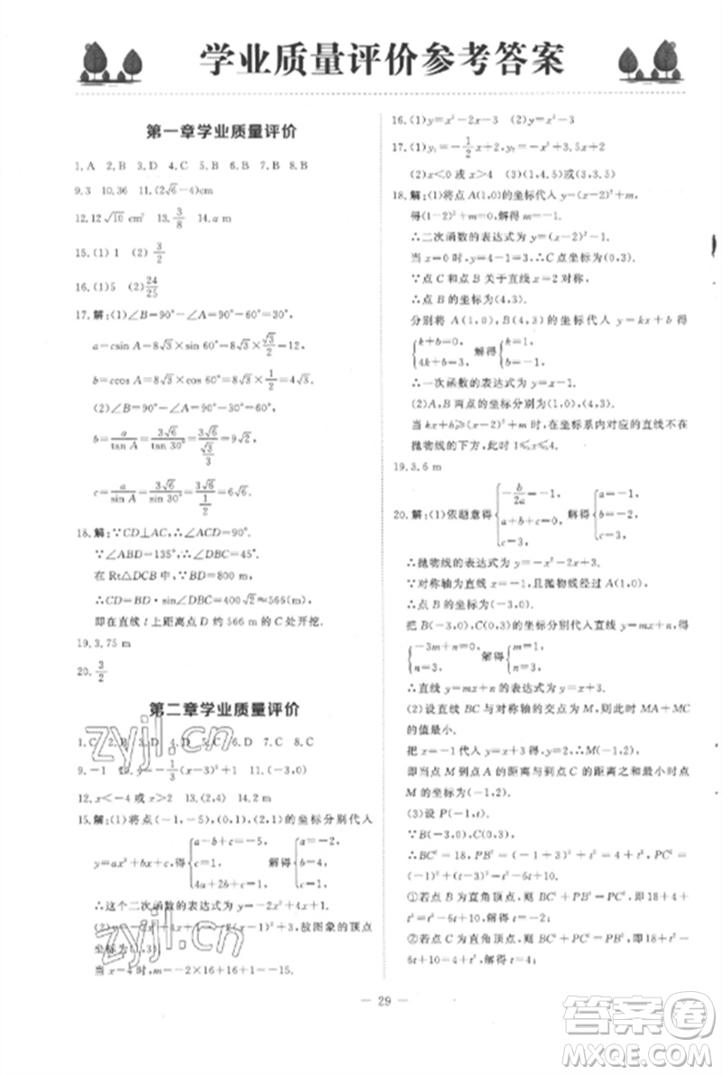 北京師范大學(xué)出版社2023初中同步練習(xí)冊九年級數(shù)學(xué)下冊北師大版參考答案