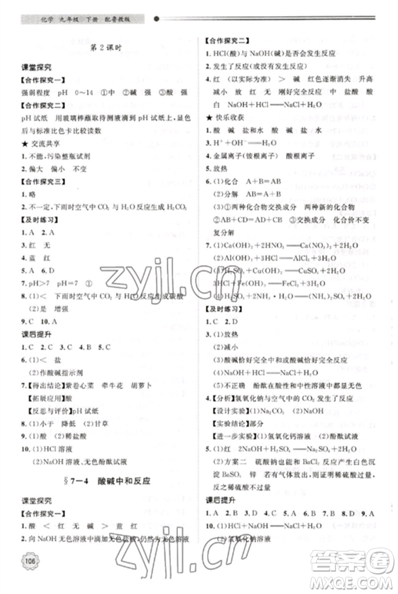 明天出版社2023初中同步練習(xí)冊(cè)九年級(jí)化學(xué)下冊(cè)魯教版參考答案