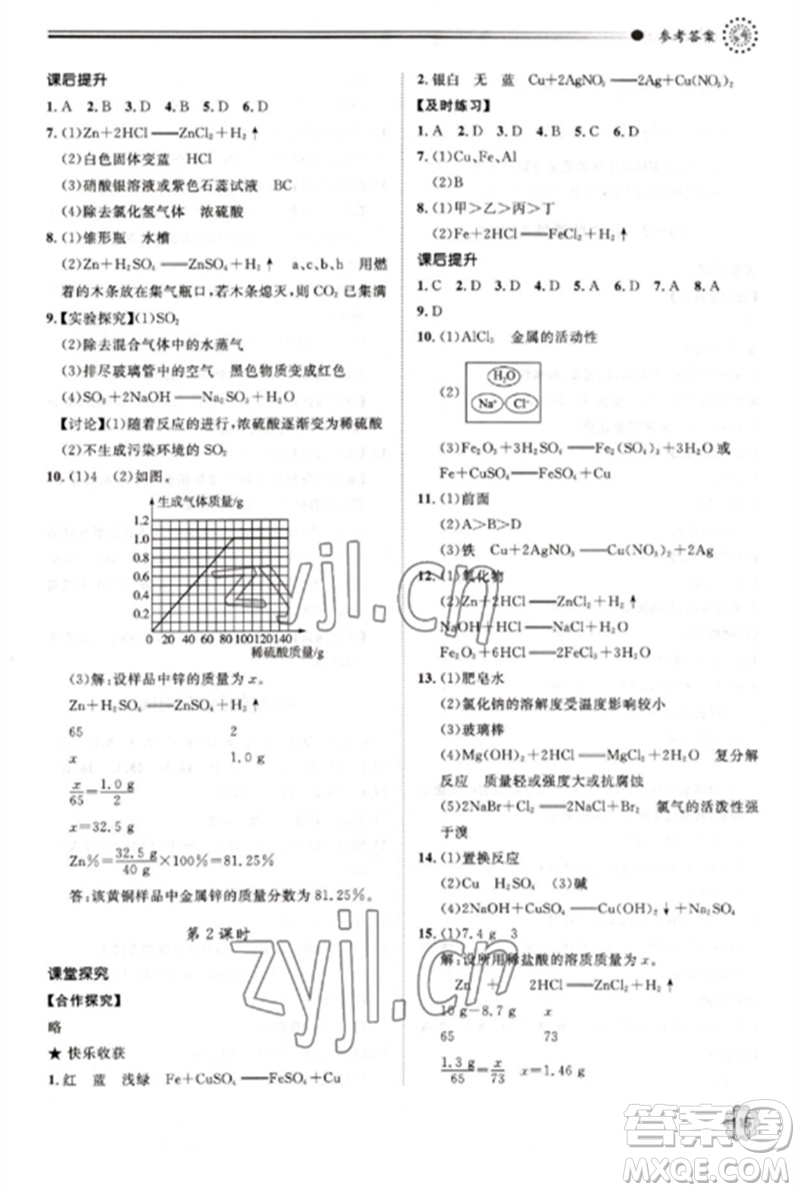 明天出版社2023初中同步練習(xí)冊(cè)九年級(jí)化學(xué)下冊(cè)魯教版參考答案