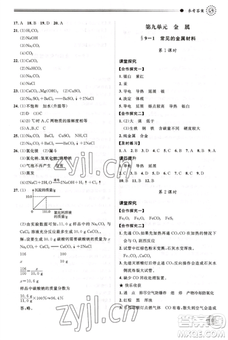 明天出版社2023初中同步練習(xí)冊(cè)九年級(jí)化學(xué)下冊(cè)魯教版參考答案