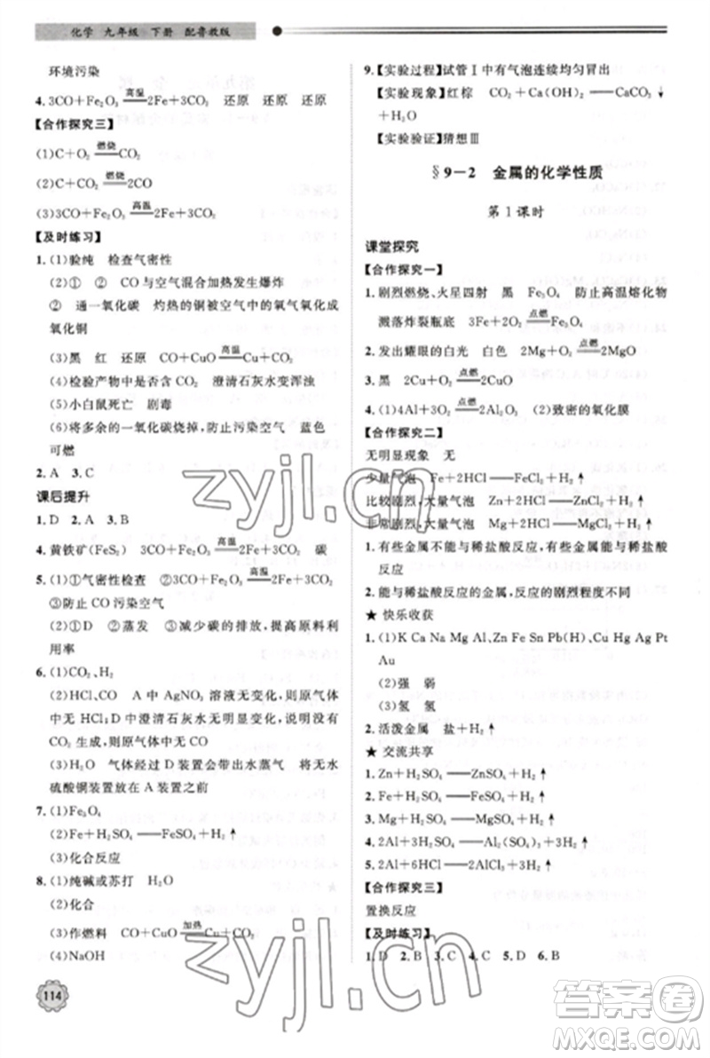 明天出版社2023初中同步練習(xí)冊(cè)九年級(jí)化學(xué)下冊(cè)魯教版參考答案