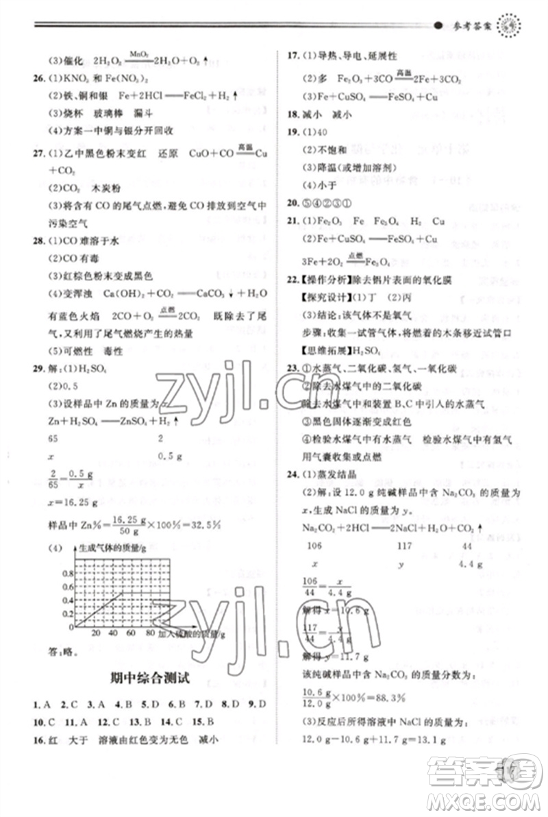 明天出版社2023初中同步練習(xí)冊(cè)九年級(jí)化學(xué)下冊(cè)魯教版參考答案