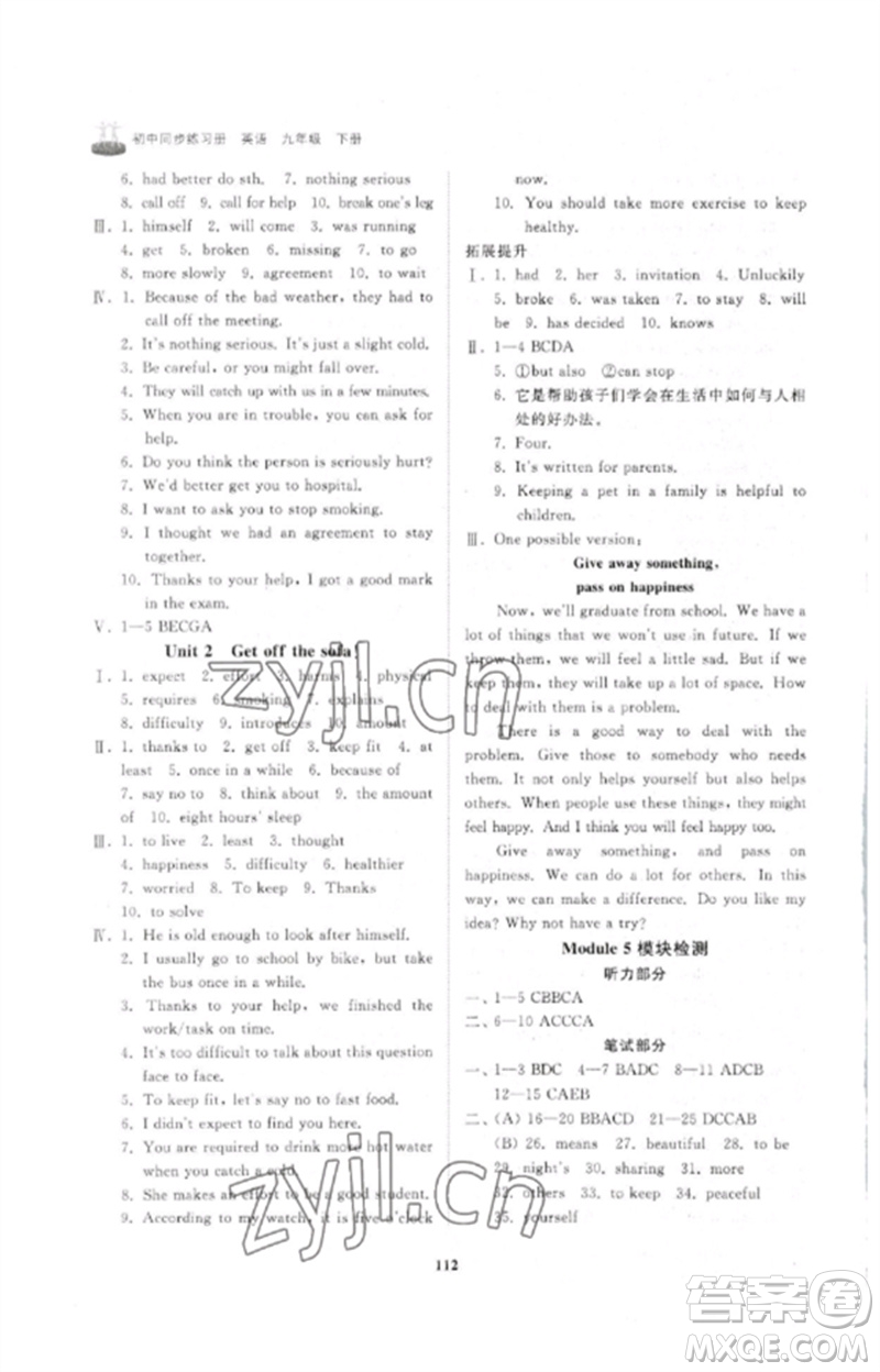 山東友誼出版社2023初中同步練習(xí)冊九年級英語下冊外研版參考答案