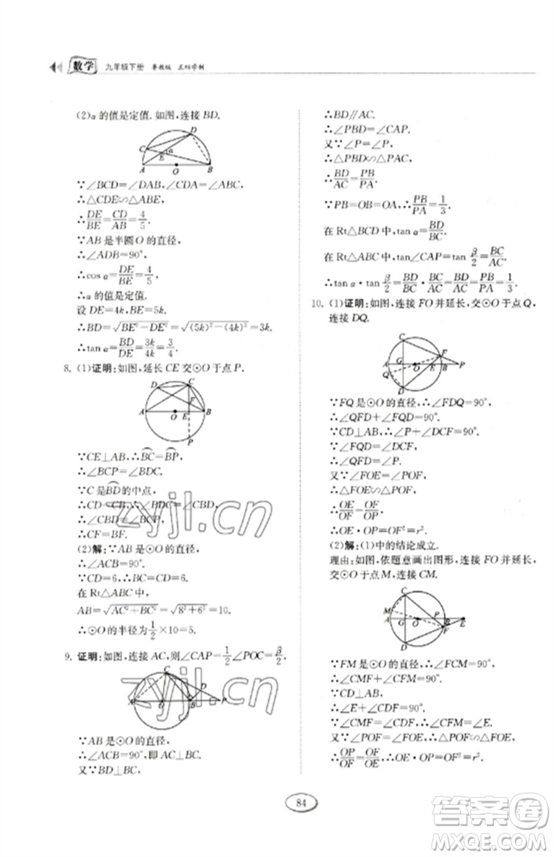 山東科學(xué)技術(shù)出版社2023初中同步練習(xí)冊(cè)九年級(jí)數(shù)學(xué)下冊(cè)魯教版五四制參考答案