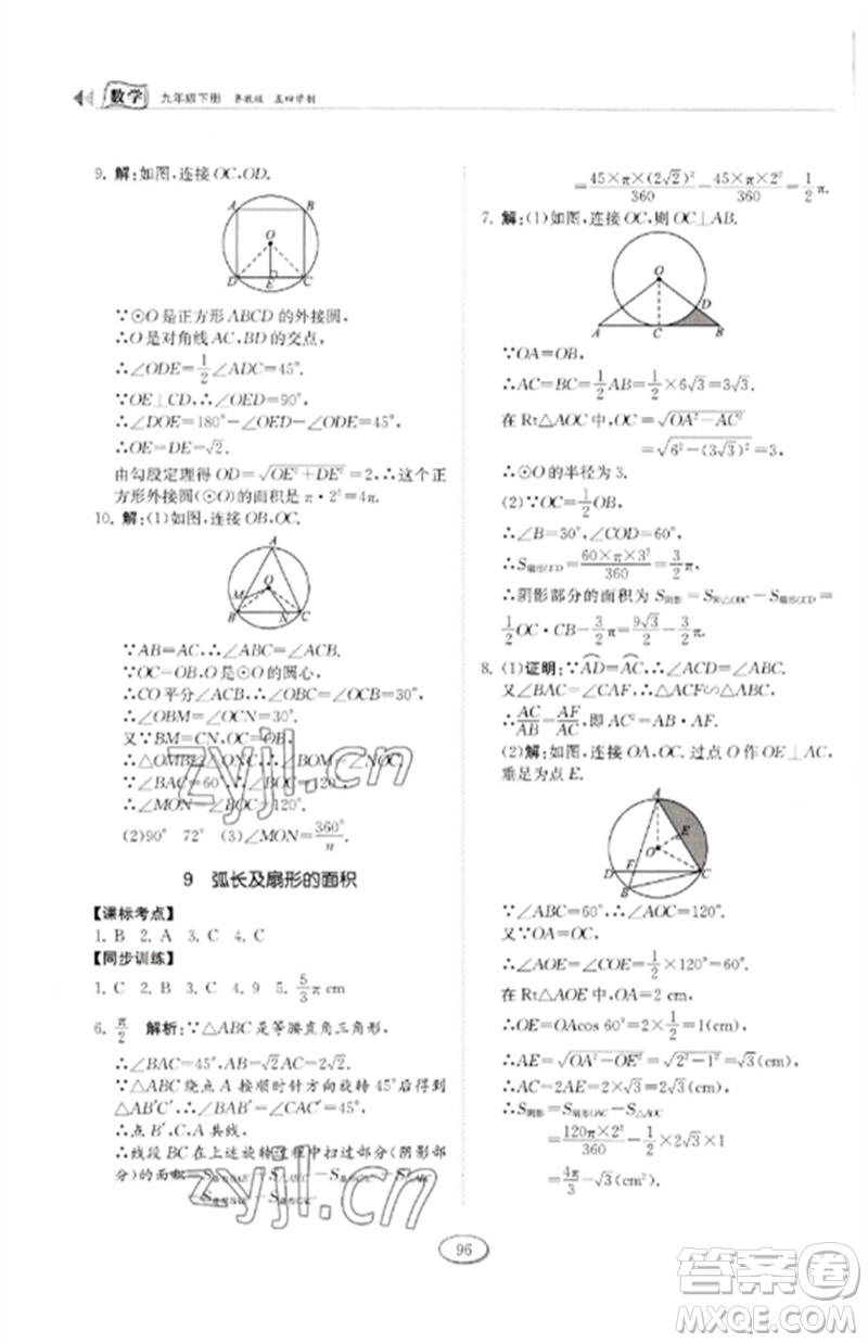 山東科學(xué)技術(shù)出版社2023初中同步練習(xí)冊(cè)九年級(jí)數(shù)學(xué)下冊(cè)魯教版五四制參考答案