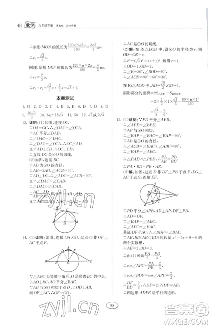 山東科學(xué)技術(shù)出版社2023初中同步練習(xí)冊(cè)九年級(jí)數(shù)學(xué)下冊(cè)魯教版五四制參考答案