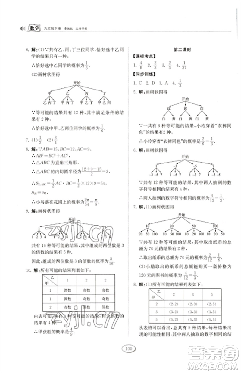 山東科學(xué)技術(shù)出版社2023初中同步練習(xí)冊(cè)九年級(jí)數(shù)學(xué)下冊(cè)魯教版五四制參考答案