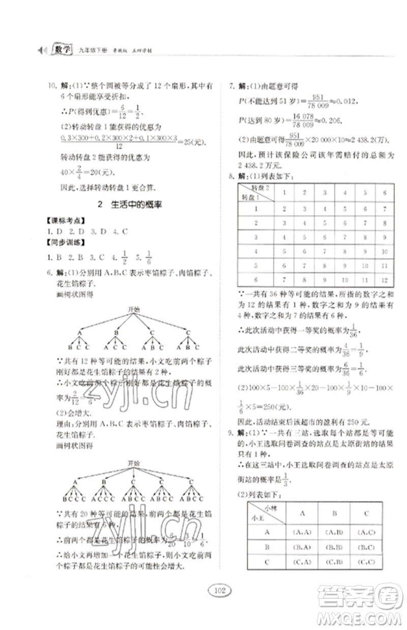 山東科學(xué)技術(shù)出版社2023初中同步練習(xí)冊(cè)九年級(jí)數(shù)學(xué)下冊(cè)魯教版五四制參考答案