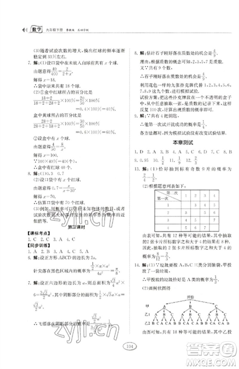 山東科學(xué)技術(shù)出版社2023初中同步練習(xí)冊(cè)九年級(jí)數(shù)學(xué)下冊(cè)魯教版五四制參考答案