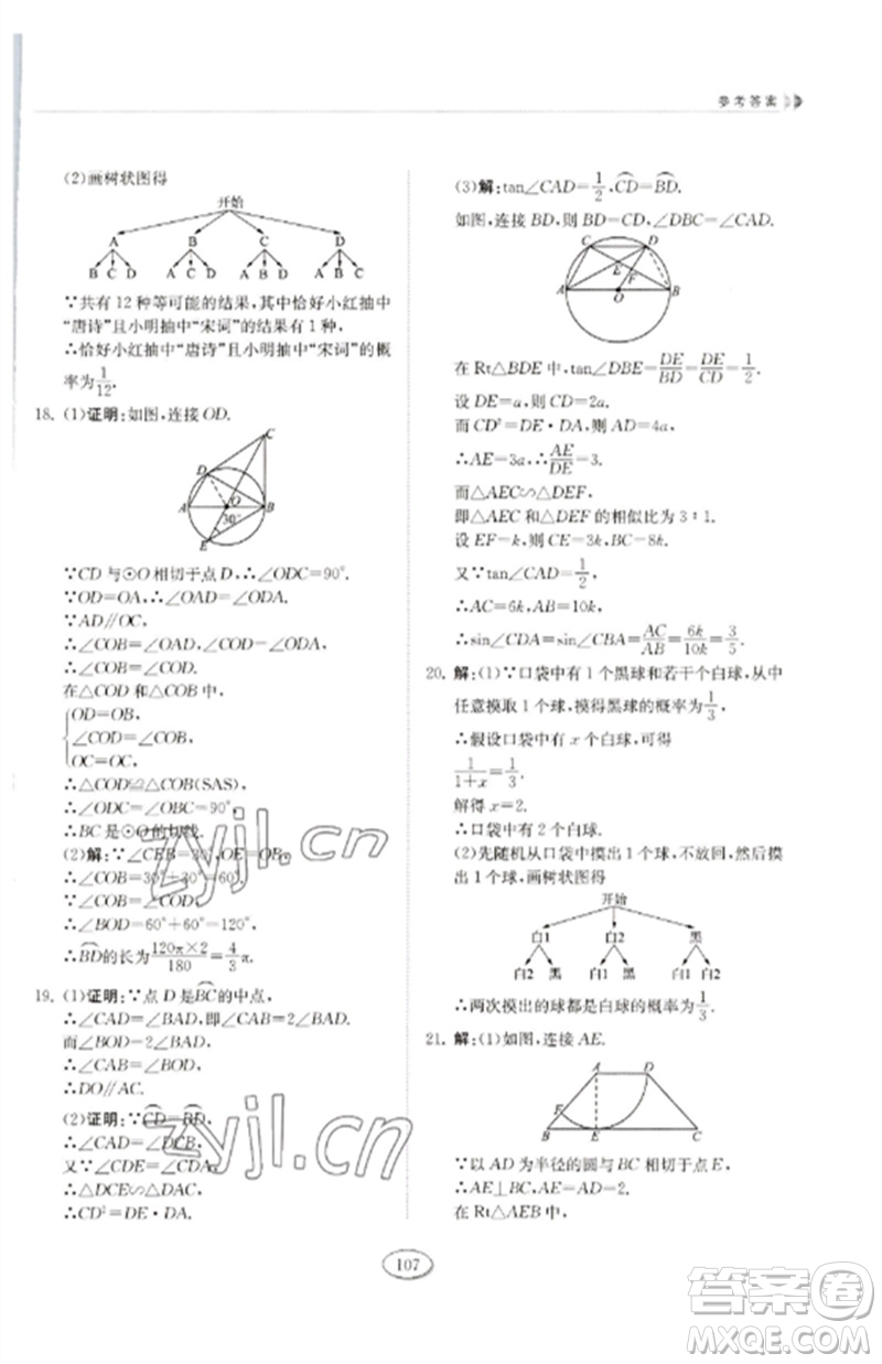 山東科學(xué)技術(shù)出版社2023初中同步練習(xí)冊(cè)九年級(jí)數(shù)學(xué)下冊(cè)魯教版五四制參考答案