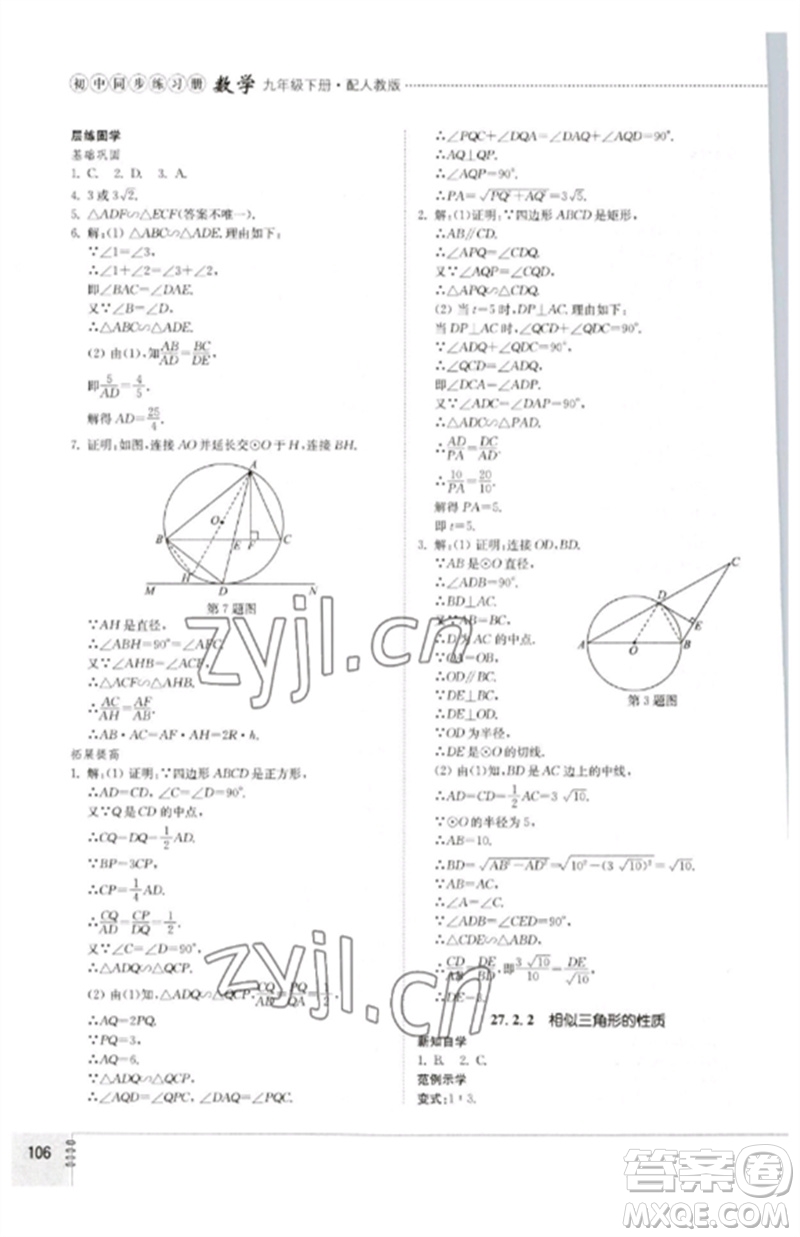 山東教育出版社2023初中同步練習(xí)冊九年級數(shù)學(xué)下冊人教版參考答案