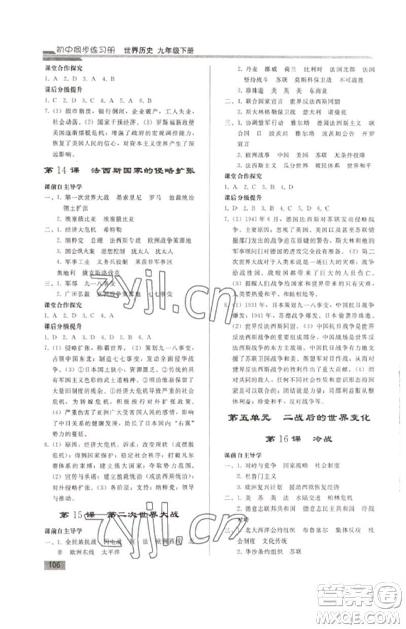 人民教育出版社2023初中同步練習(xí)冊九年級世界歷史下冊人教版參考答案