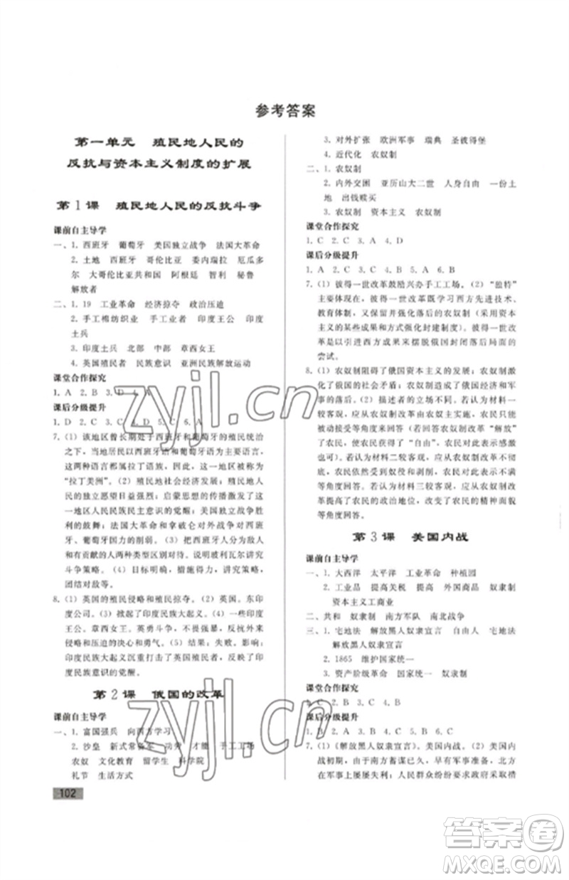 人民教育出版社2023初中同步練習(xí)冊九年級世界歷史下冊人教版參考答案