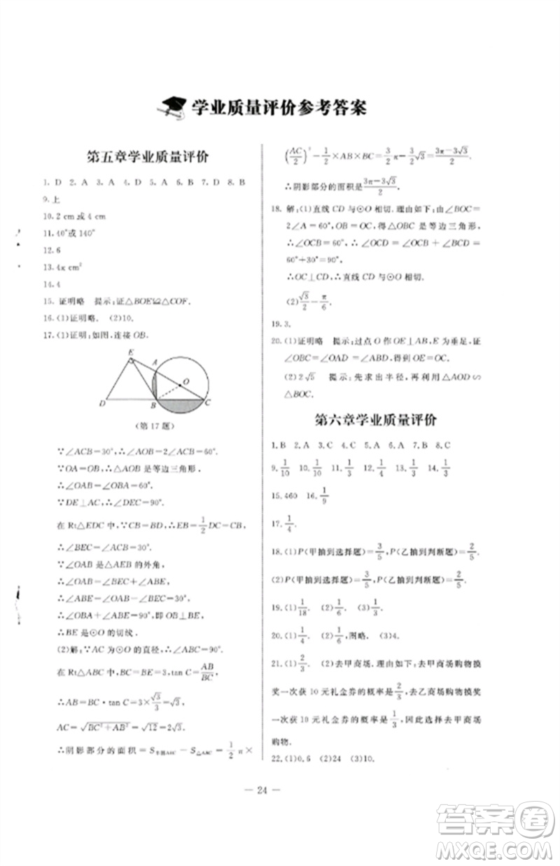 北京師范大學出版社2023初中同步練習冊九年級數(shù)學下冊魯教版五四制參考答案