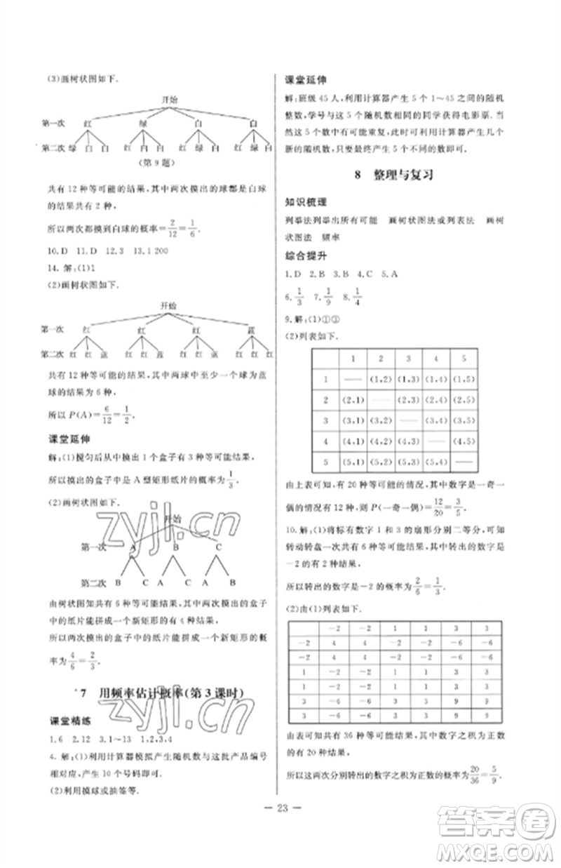 北京師范大學出版社2023初中同步練習冊九年級數(shù)學下冊魯教版五四制參考答案