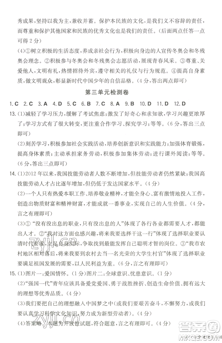 湖南教育出版社2023一本同步訓(xùn)練九年級下冊道德與法治人教版參考答案