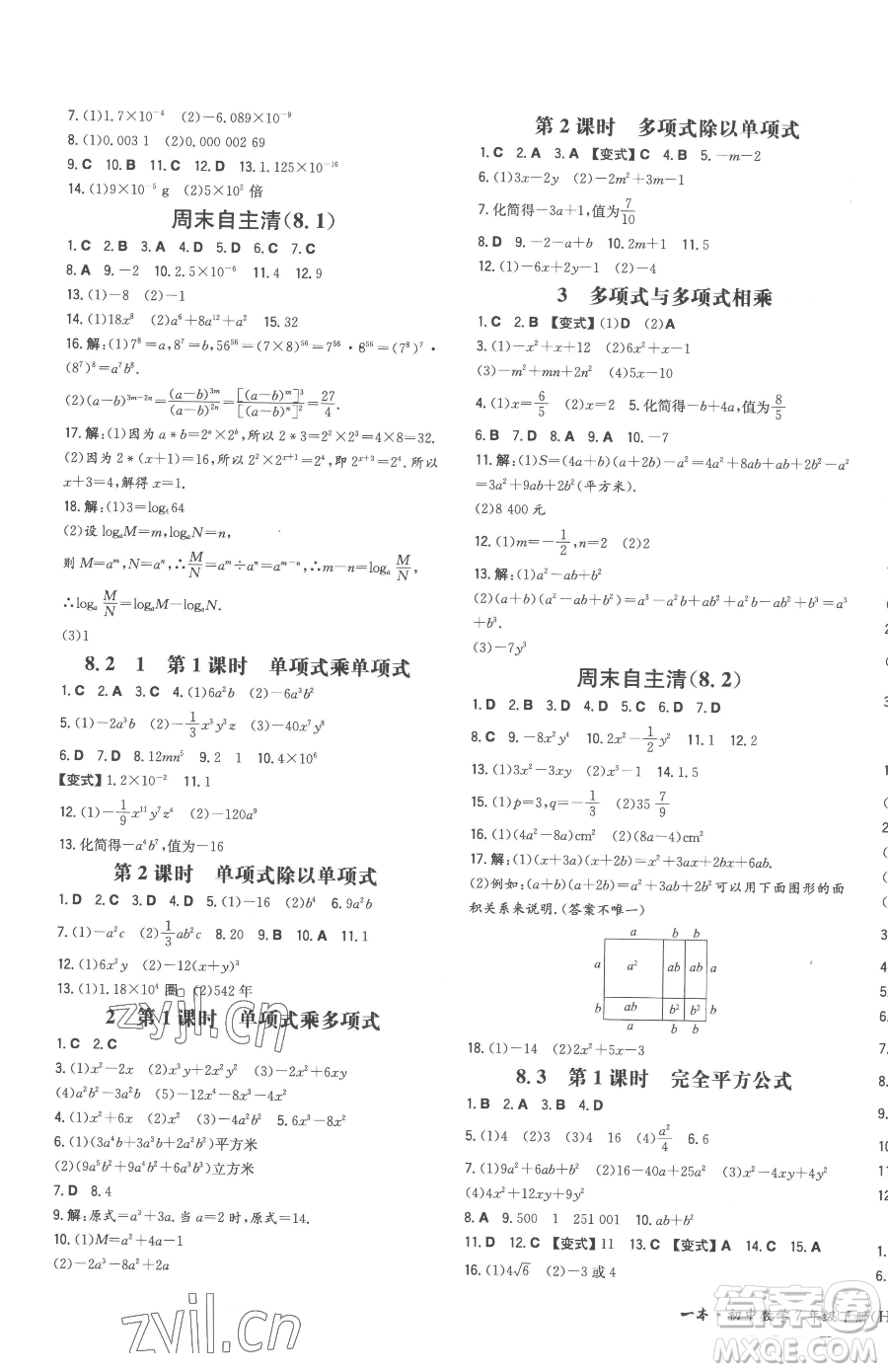 湖南教育出版社2023一本同步訓(xùn)練七年級下冊數(shù)學(xué)滬科版安徽專用參考答案