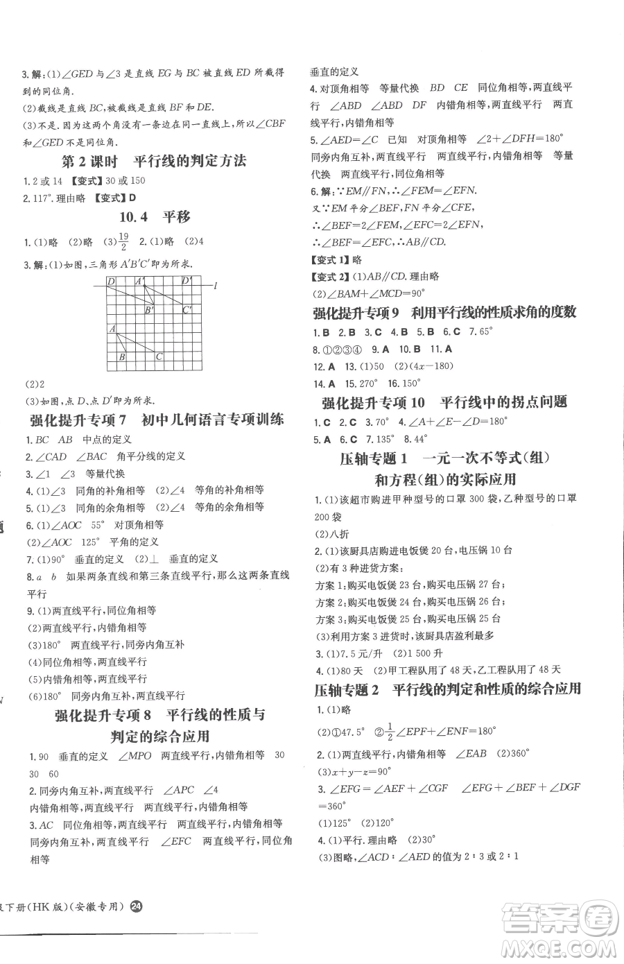 湖南教育出版社2023一本同步訓(xùn)練七年級下冊數(shù)學(xué)滬科版安徽專用參考答案