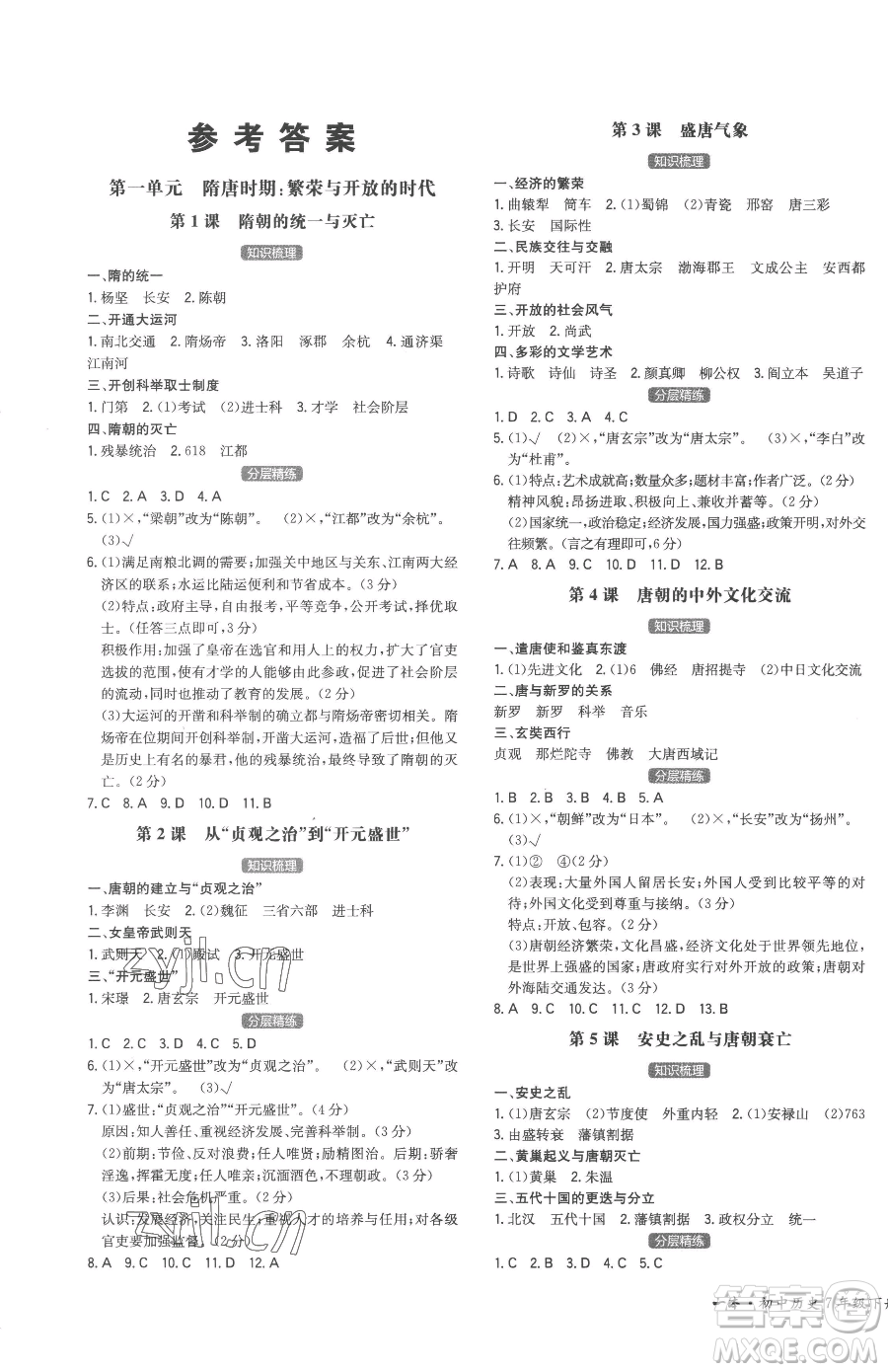 湖南教育出版社2023一本同步訓(xùn)練七年級(jí)下冊(cè)歷史人教版安徽專用參考答案