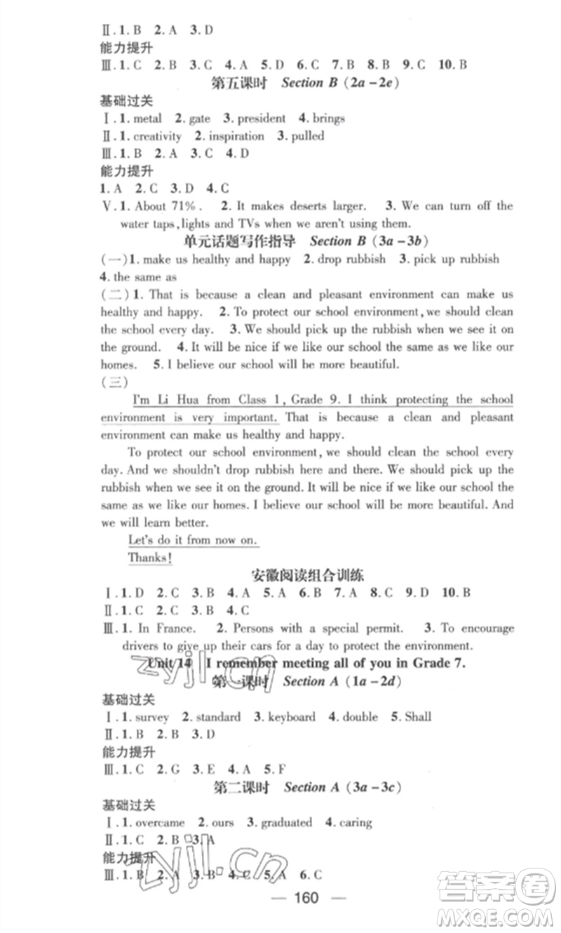 陽光教育出版社2023精英新課堂九年級英語下冊人教版安徽專版參考答案