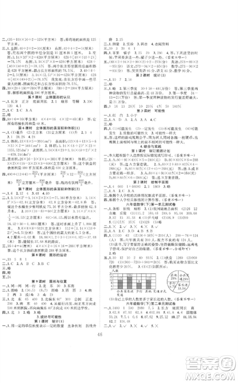 安徽人民出版社2023新經(jīng)典練與測六年級數(shù)學(xué)下冊蘇教版參考答案