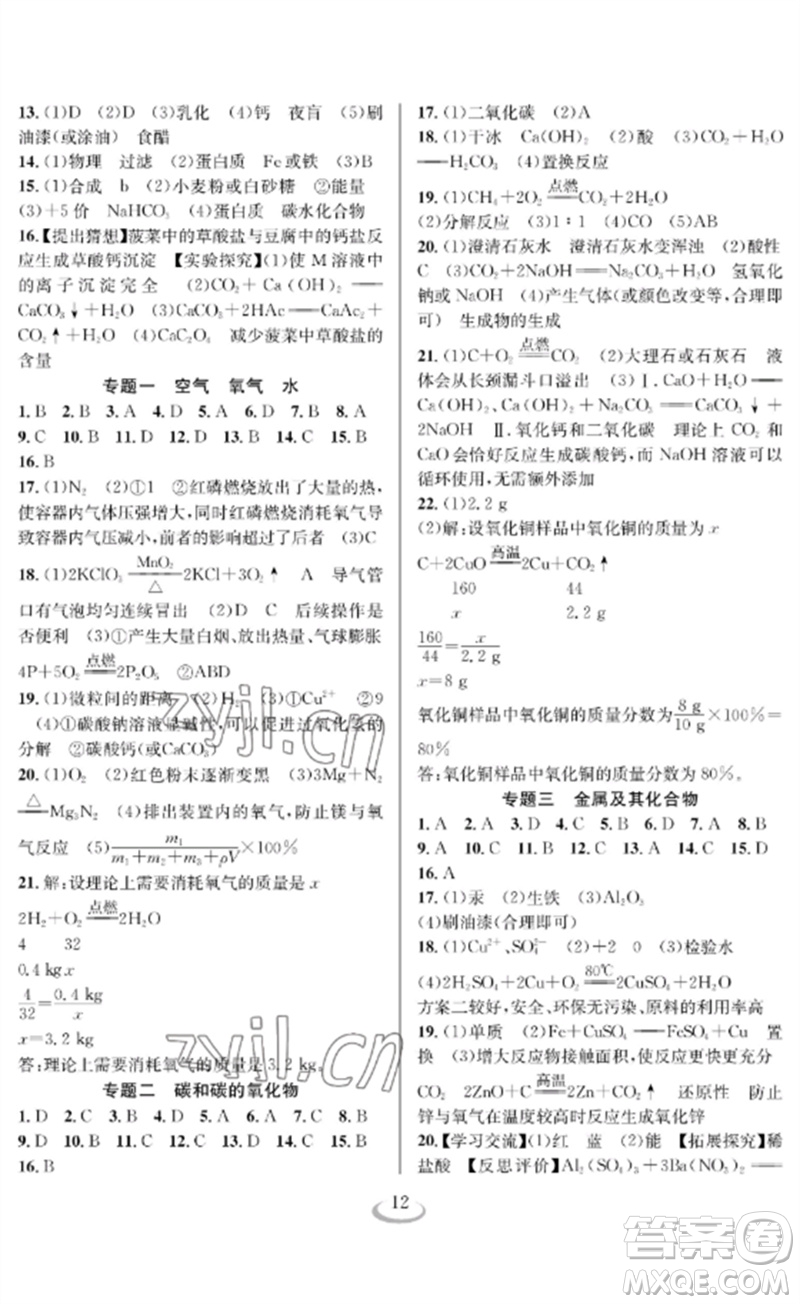 長江少年兒童出版社2023中考復(fù)習(xí)指南化學(xué)通用版襄陽專版參考答案