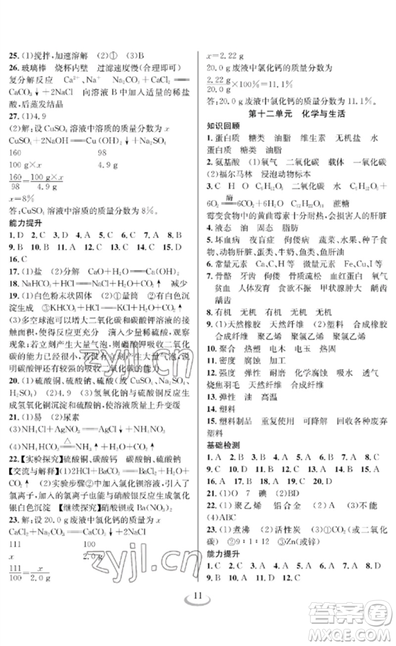 長江少年兒童出版社2023中考復(fù)習(xí)指南化學(xué)通用版襄陽專版參考答案