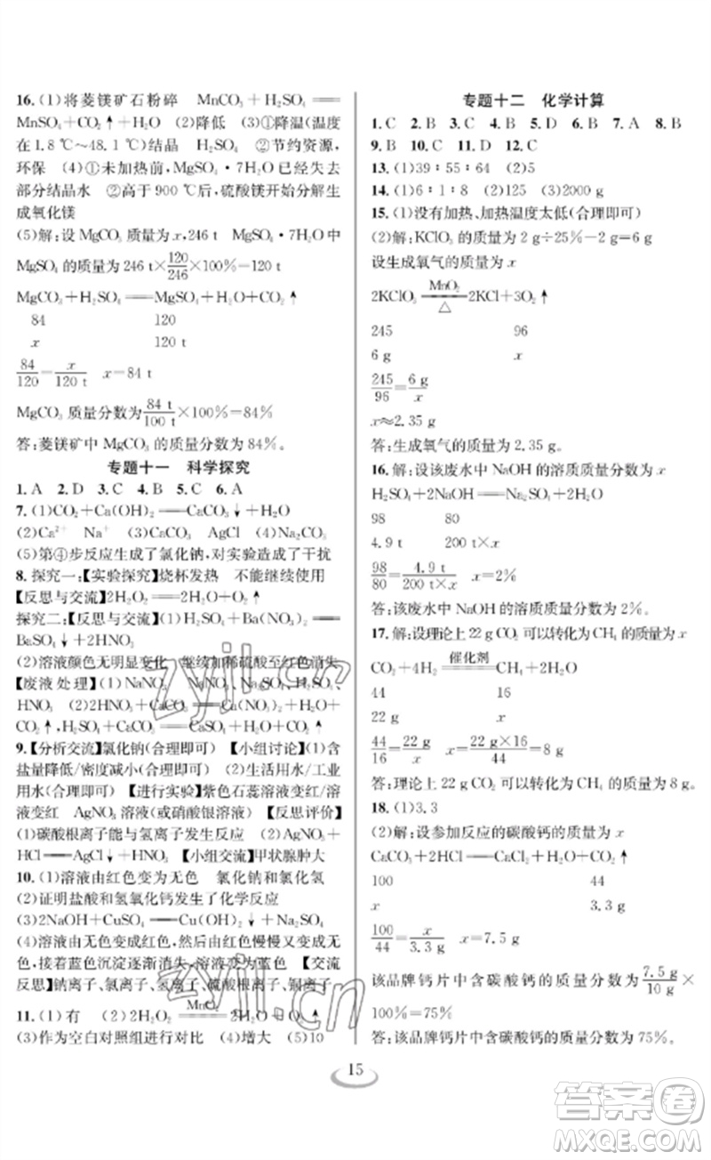 長江少年兒童出版社2023中考復(fù)習(xí)指南化學(xué)通用版襄陽專版參考答案