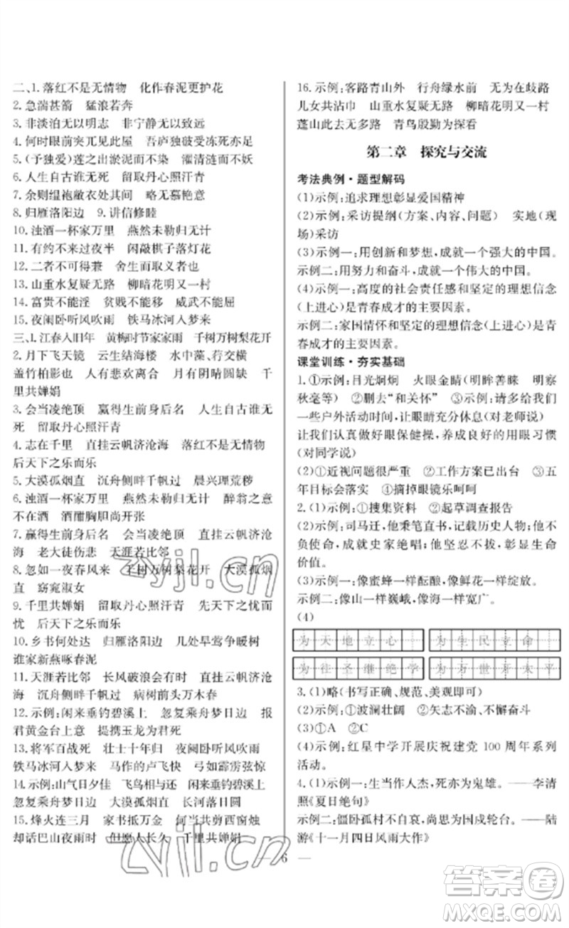 長江少年兒童出版社2023中考復(fù)習(xí)指南語文通用版襄陽專版參考答案