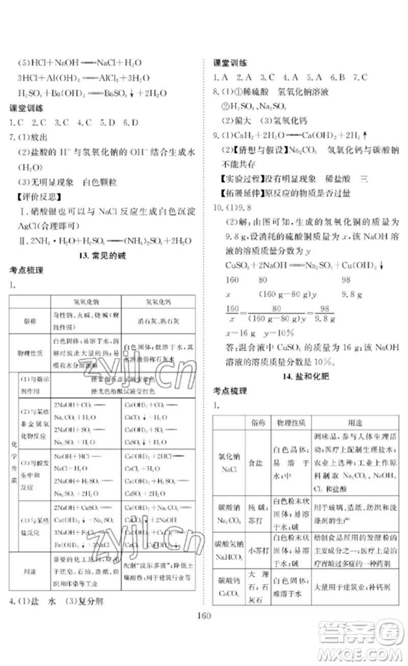 長江少年兒童出版社2023中考復(fù)習(xí)指南化學(xué)通用版黃石專版參考答案