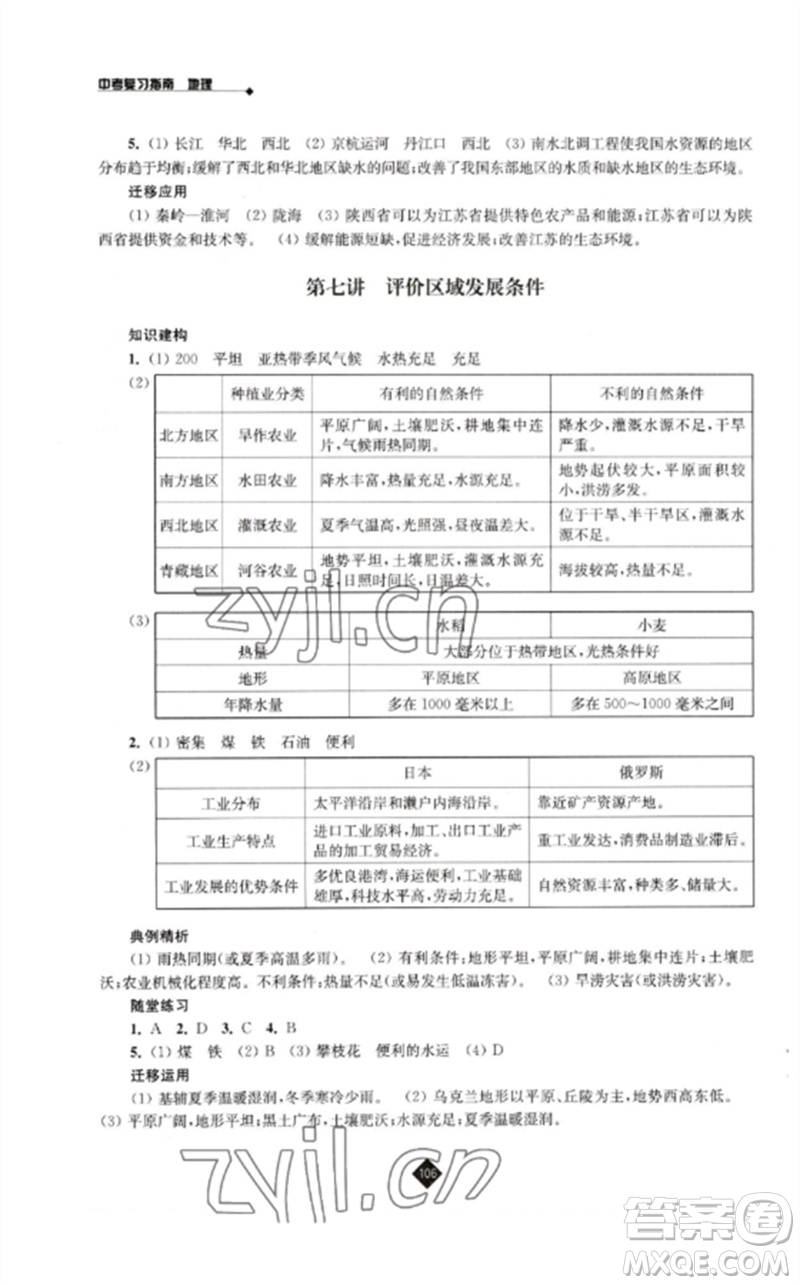 江蘇人民出版社2023中考復習指南九年級地理通用版參考答案