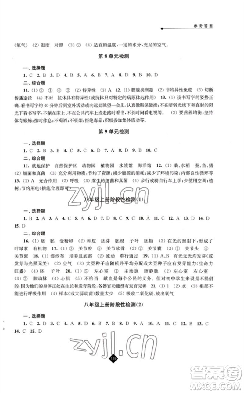 江蘇人民出版社2023中考復(fù)習(xí)指南九年級(jí)生物通用版參考答案