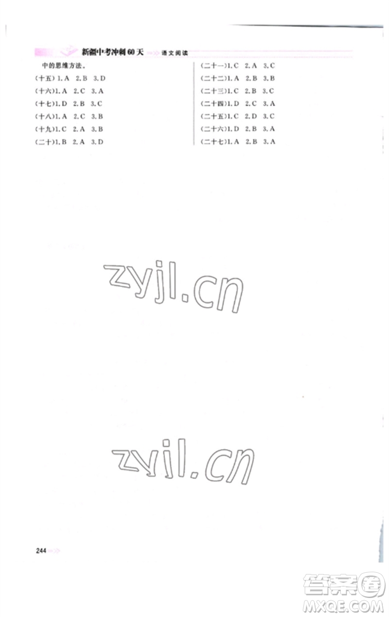 新疆文化出版社2023新疆中考沖刺60天九年級(jí)語文閱讀通用版參考答案