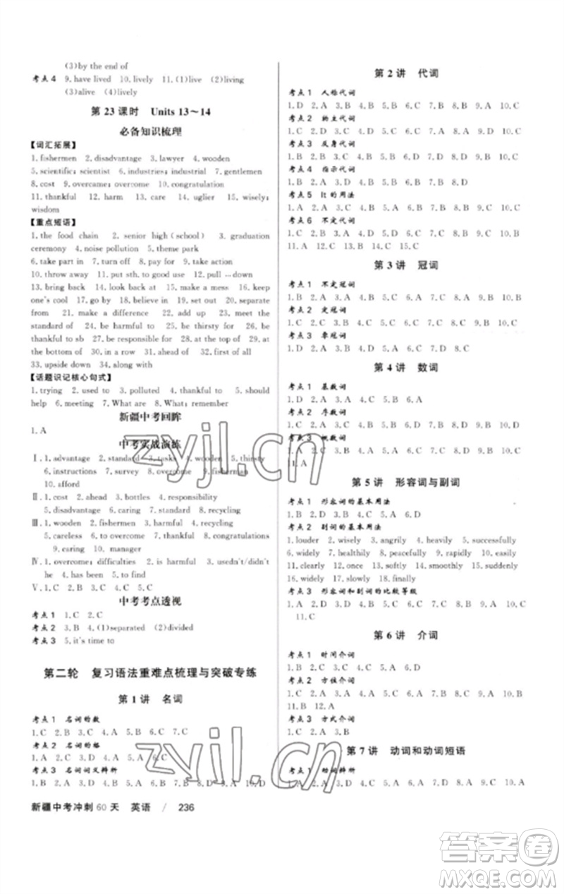 新疆文化出版社2023新疆中考沖刺60天九年級英語通用版參考答案