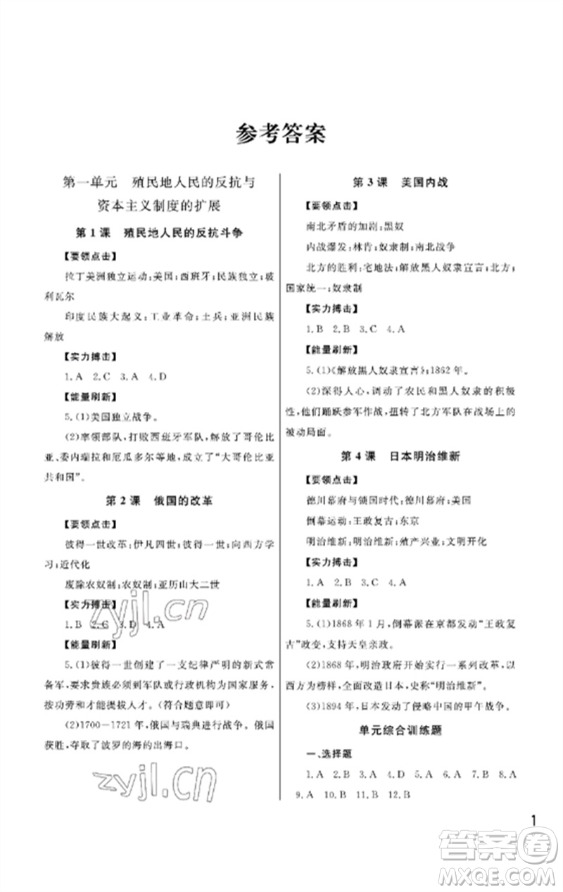 武漢出版社2023智慧學(xué)習(xí)天天向上課堂作業(yè)九年級(jí)歷史下冊(cè)人教版參考答案