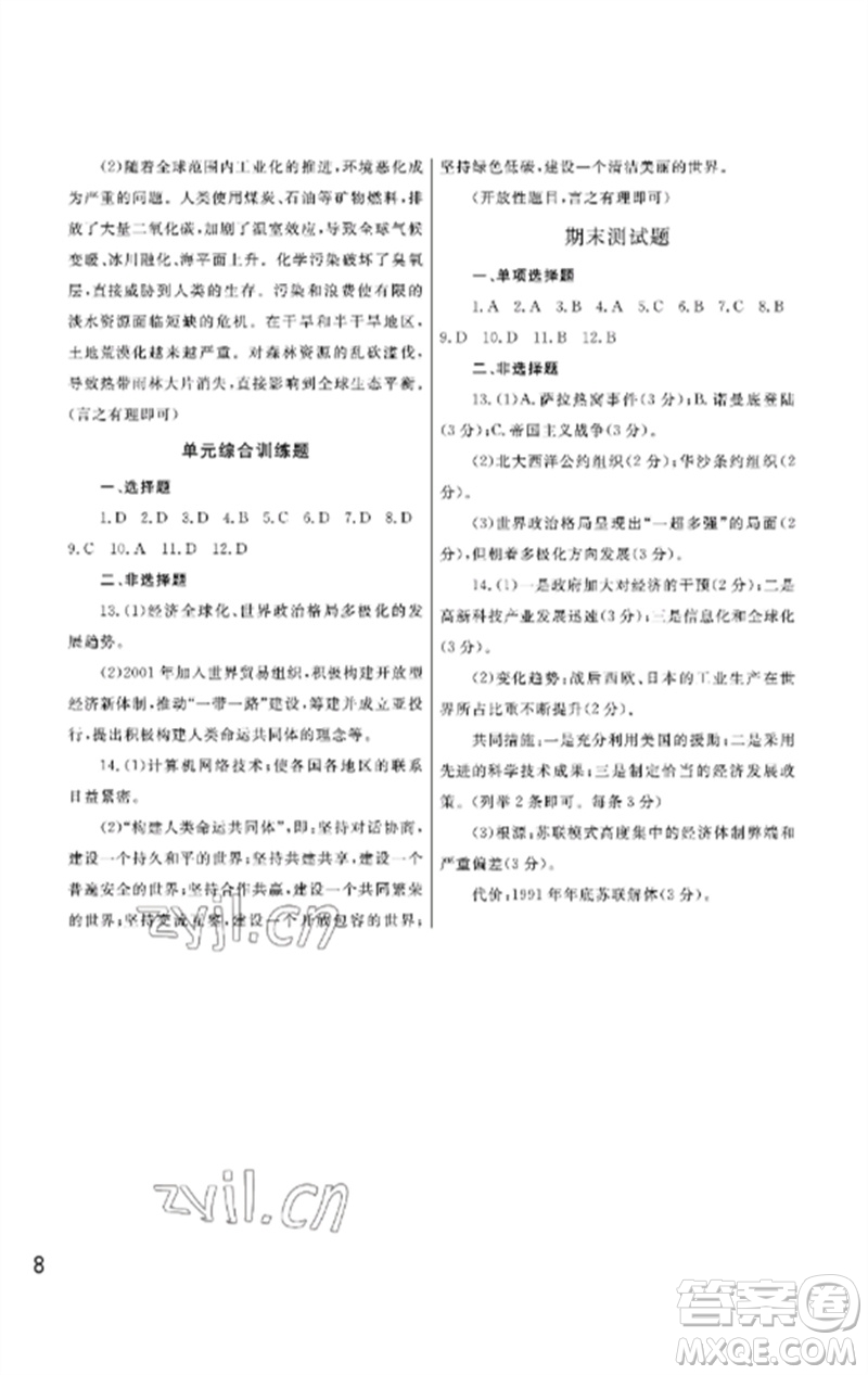 武漢出版社2023智慧學(xué)習(xí)天天向上課堂作業(yè)九年級(jí)歷史下冊(cè)人教版參考答案