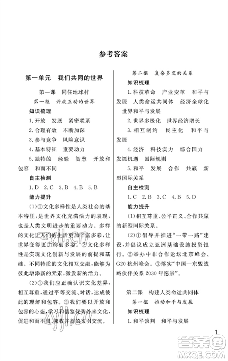 武漢出版社2023智慧學(xué)習(xí)天天向上課堂作業(yè)九年級(jí)道德與法治下冊(cè)人教版參考答案