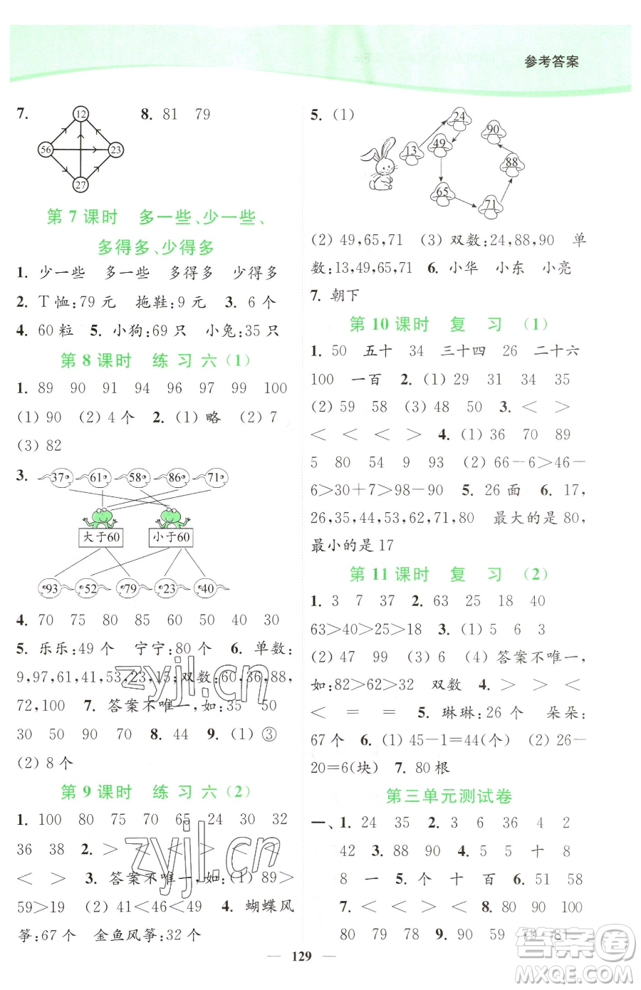 延邊大學(xué)出版社2023南通小題課時作業(yè)本一年級下冊數(shù)學(xué)蘇教版參考答案