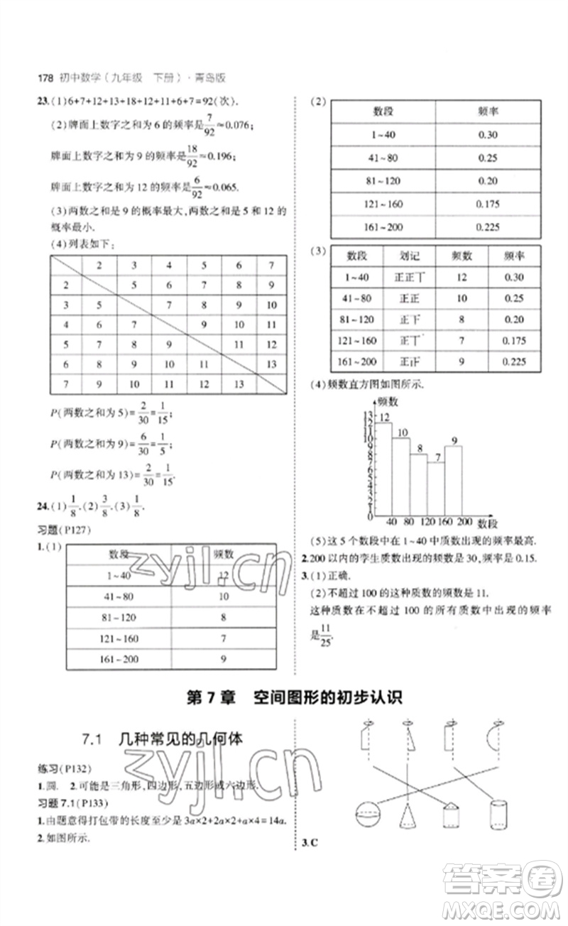 首都師范大學出版社2023年初中同步5年中考3年模擬九年級數(shù)學下冊青島版參考答案