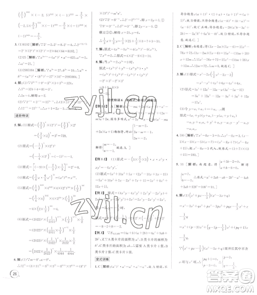 浙江人民出版社2023優(yōu)+攻略七年級下冊數(shù)學(xué)浙教版參考答案